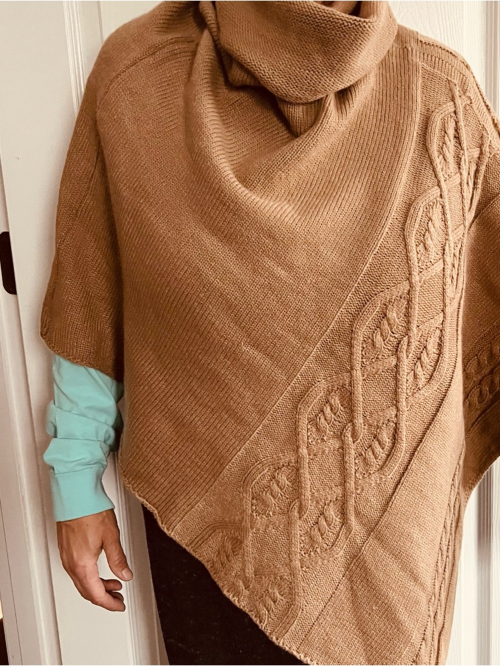 Cozy Camel Cable-Knit Turtleneck Poncho